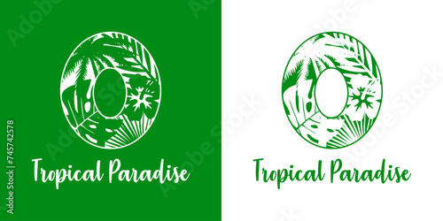 Logo destino de vacaciones. Mensaje Tropical Paradise con cifra número 0 con silueta de plantas tropicales