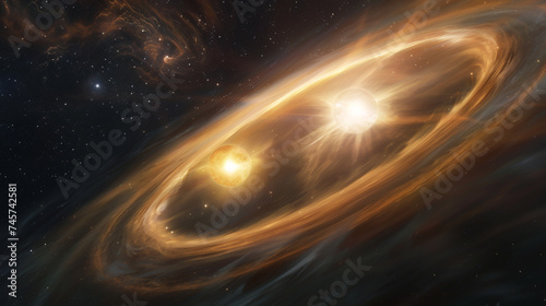 Binary Star System with Gravitational Pull ,An artistic representation of a binary star system, where two stars are locked in orbit around each other, showcasing the powerful forces of gravity photo