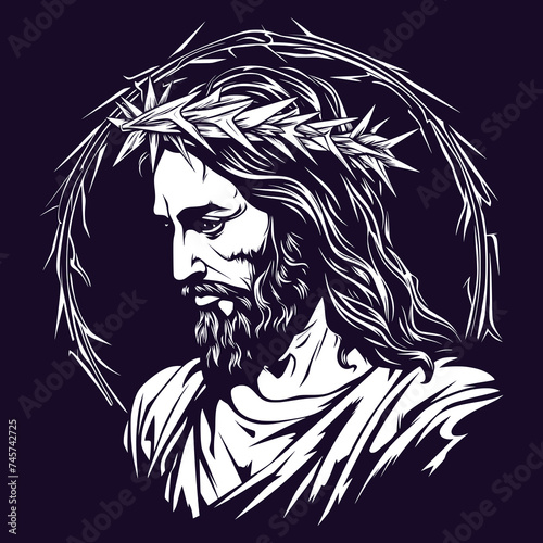 Silhouette of a Jesus Christ with Crown of Thorns - Iconic Religious Leader Profile - Monochrome Vector Illustration