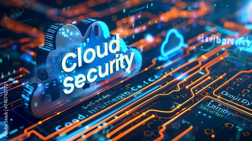 a high-tech banner design where the text Cloud Security seamlessly integrates with a digital lock, symbolizing the robust encryption and protection mechanisms in cutting-edge cloud security. 