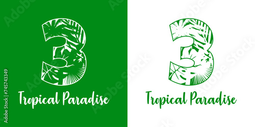 Logo destino de vacaciones. Mensaje Tropical Paradise con cifra número 3 con silueta de plantas tropicales