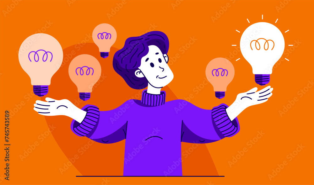 Young boy having a lot of ideas and choosing best one to solve some ...