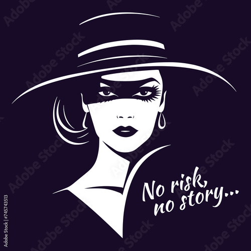 Elegant Woman in Hat with Mysterious Gaze, Stylish Femme Fatale Portrait - Black and White Vector Art