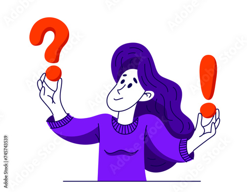 Young woman having a doubt and question, vector illustration of a person who is hesitating and thinking about some problem, decide uncertainty.