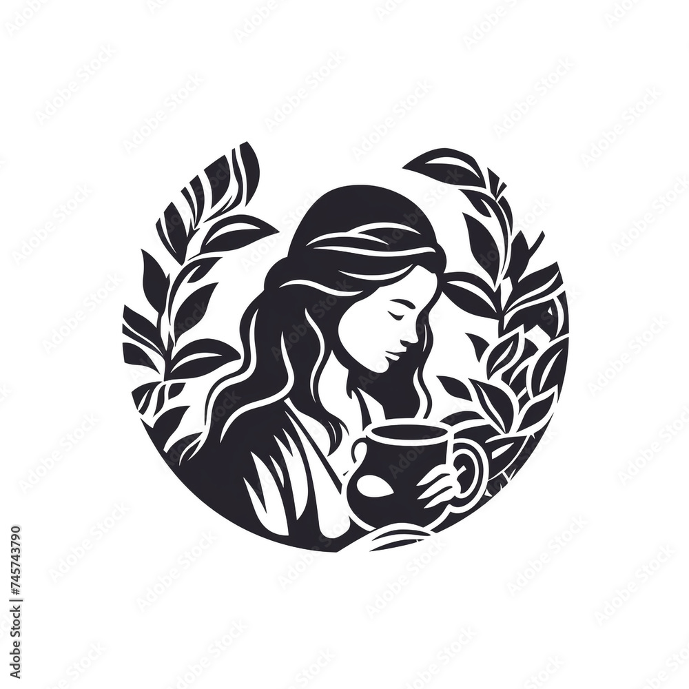 black and white logo, tea leaves with tea picker woman, white background сreated with Generative Ai black and white logo, tea leaves with tea picker woman, white background сreated with Generative Ai
