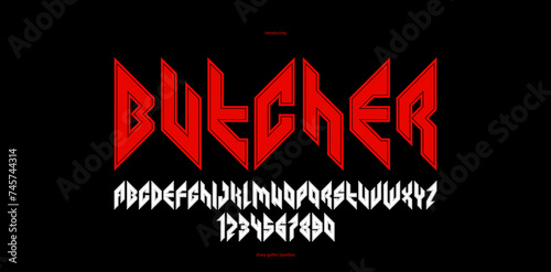 Sharp and bold gothic font for logo creation of for headlines, edgy geometric modern vector typeface, heavy metal and hard rock style alphabet with numbers.