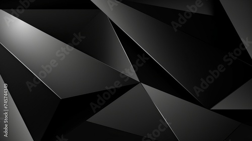 Black white abstract background. Geometric shape. Lines, triangles. 3d effect. Light, glow, shadow. Gradient. Dark grey, silver. Modern, futuristic