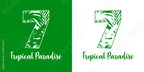 Logo destino de vacaciones. Mensaje Tropical Paradise con cifra número 7 con silueta de plantas tropicales