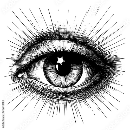 Eye of Providence with Stellar Reflection - Black and White Vector Sketch