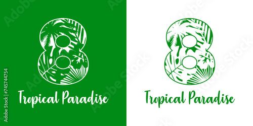 Logo destino de vacaciones. Mensaje Tropical Paradise con cifra número 8 con silueta de plantas tropicales