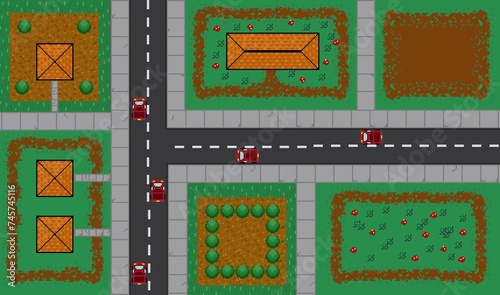 Pixel art of a city seen from above or top down view consisting of red cars, roads, houses and green parks. Design for wallpaper, background, computer game.