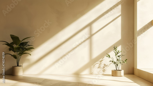Modern beige Interior with geometrical sunlight, shadows and natural decoration. Empty wall mockup © standret
