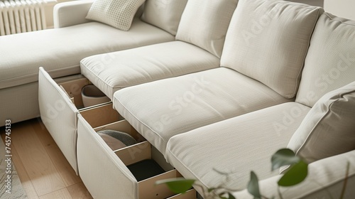 A sectional sofa with built-in storage compartments, showcasing minimalist Scandinavian design.