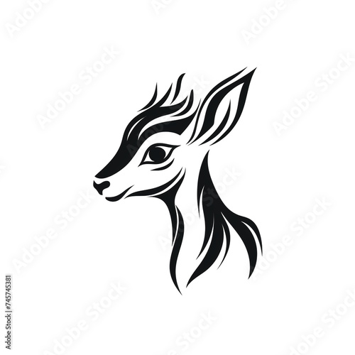 A simple logo black and white vector silhouette Deer cartoon, humourous, fine lines, white background сreated with Generative Ai © Andrii Yablonskyi