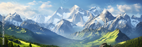 Stunning HD Panorama of Majestic Snow-capped Alpine Mountain Range Tranquil Wilderness