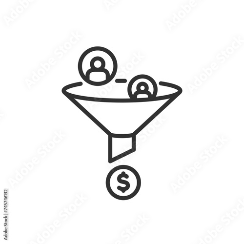 Sales Funnel, linear icon. People get in and bring in money. Line with editable stroke