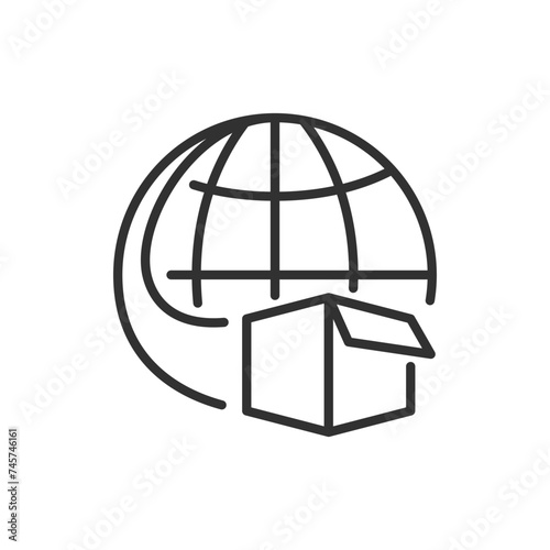 Shipping a parcel around the world, linear icon. Globe and box. Line with editable stroke