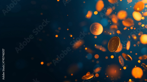 Falling money.  Falling coins with blue background.  photo