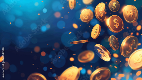 Falling money.  Falling coins with blue background. 