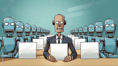 Cartoon robot sitting in line with applicants for a job interview photo