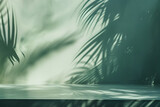 Advertising background with soft palm tree shadows. Wall and tabletop are the same delicate, light color