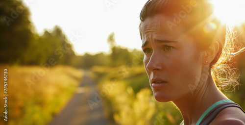 Portrait of athletic woman runner, strong and focused, running on country road trail