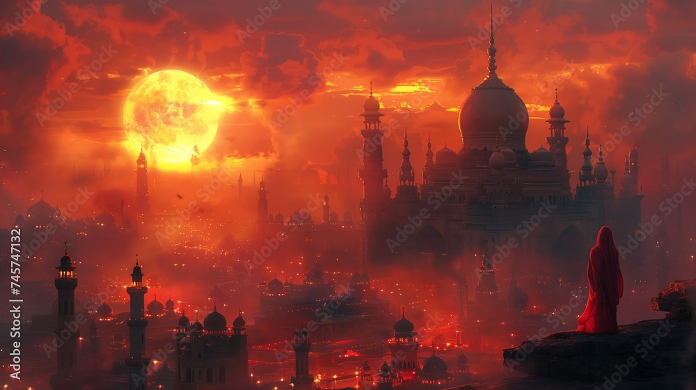 Obraz premium the sun is setting over a city with a castle in the background