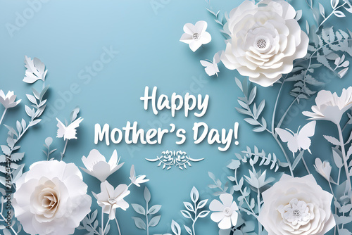 Fototapeta Mother's day concept - white flowers in made of paper style, solid color background