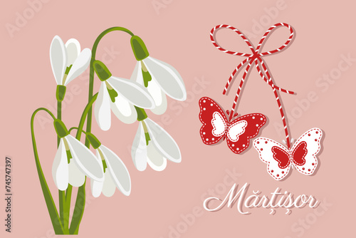 Martisor, Moldovan and Romanian traditional spring holiday. Bouquet of white snowdrops. Floral spring background, postcard, vector	
