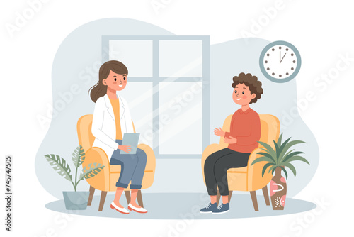 Psychotherapy online, a boy talking to a psychologist on the screen. Mental health banner or landing page template. Illustration, vector