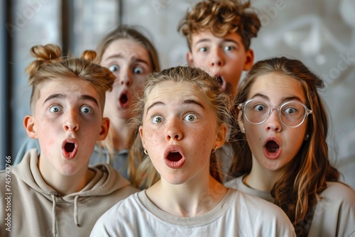group of young people with their mouths open with an expression of surprise