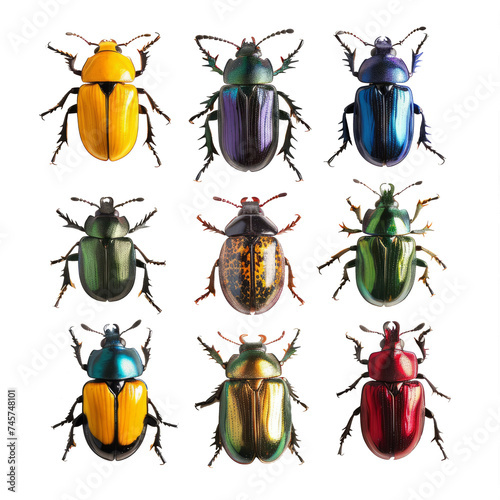 A collection of various beetles or insects seen from above on a white background.