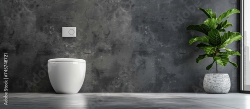 White clean new ceramic toilet bowl in a bathroom grey wall background. Generated AI image photo