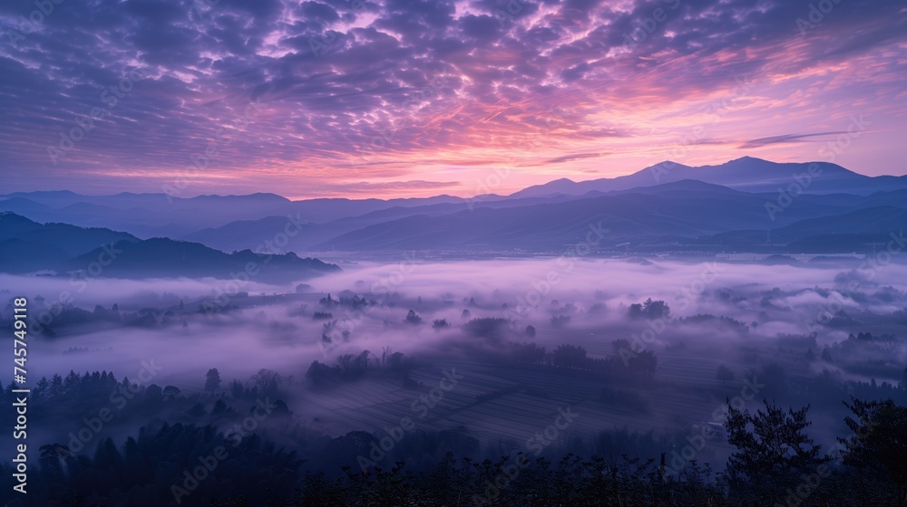 Beautiful purple misty sunrise mountain view landscape with Spindrift clouds and agricultural fields