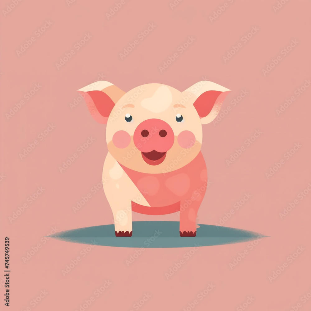 Fototapeta premium Pig, smiling simple, flat, low detail, smooth, minimal, bright colors, straight design, bright backgrounds сreated with Generative Ai