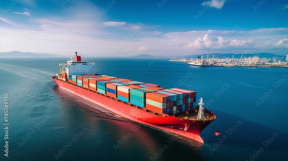 Container ship business freight import export logistic and transportation by container ship, Aerial front view container cargo freight shipping maritime  transport in marine - obrazy, fototapety, plakaty 