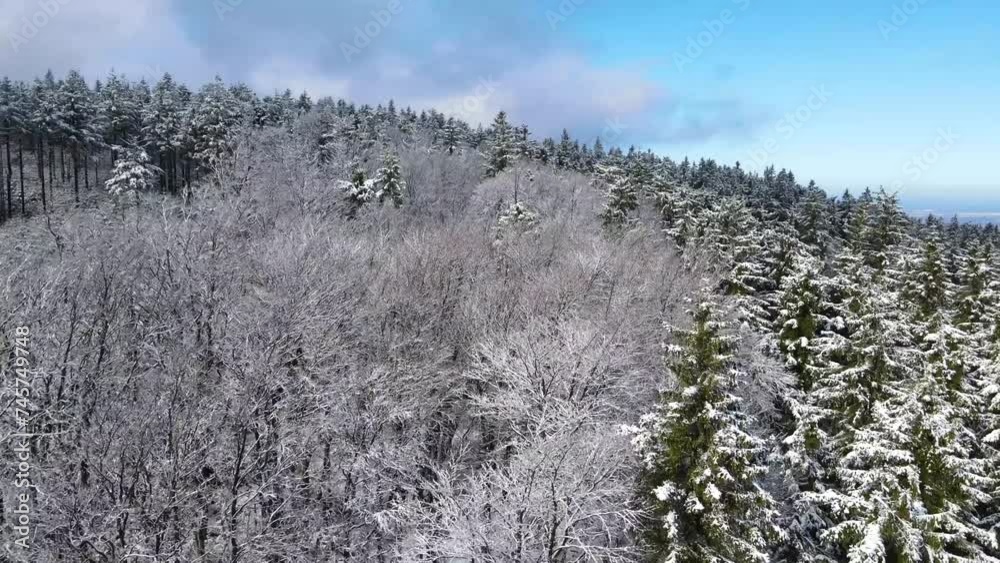 Taunus - a mountain range viewed from a drone of a mountain coniferous forest in Hesse, Germany. Taunus - a mountain range viewed from a drone of a mountain coniferous forest in Hesse, Germany.