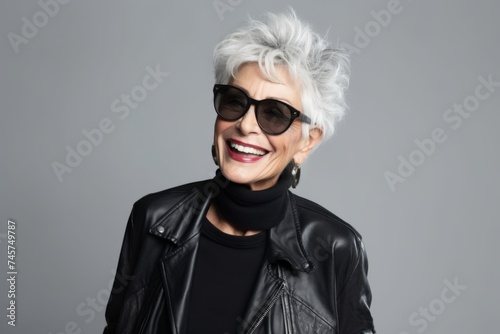 smiling senior woman in sunglasses and black leather jacket on grey background