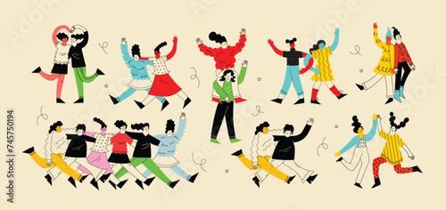 Group of smiling woman enjoying friendship, support and cooperation isolated. Funny people demonstrate gesture of unity. Happy diverse female friends together vector flat illustration.