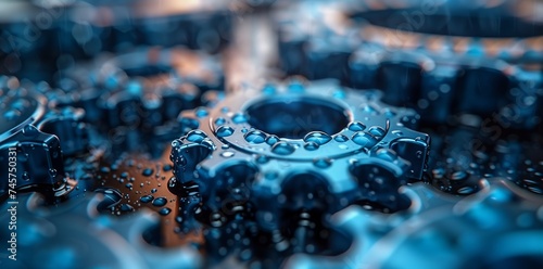 Macro photography showing a gear covered in water drops