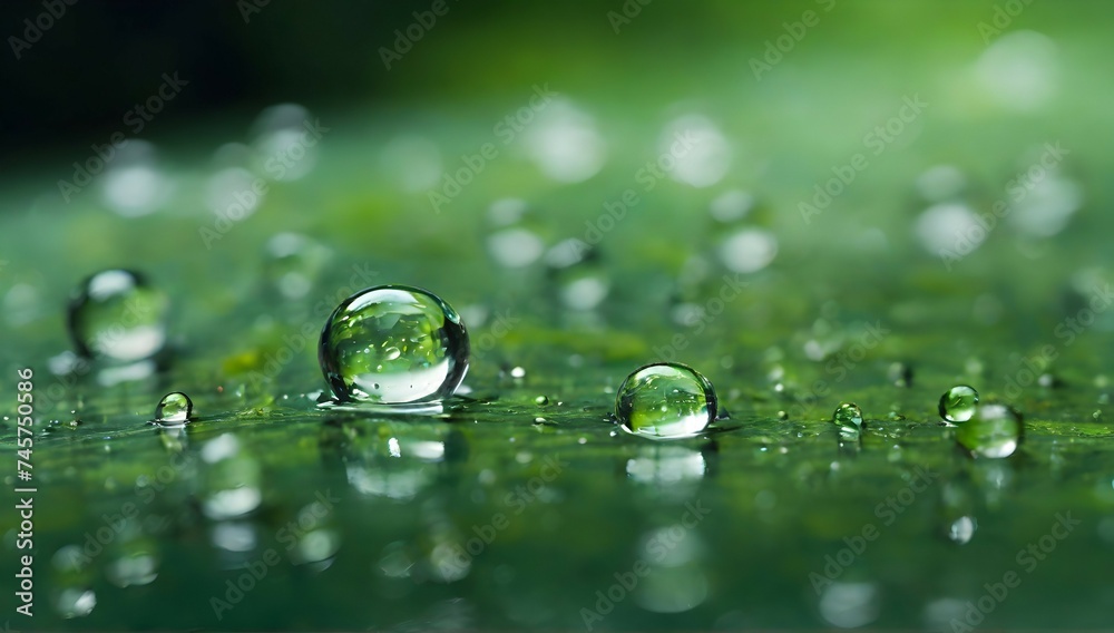 photo translucent water droplets on the green surface background