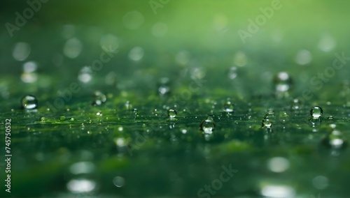 photo translucent water droplets on the green surface background
