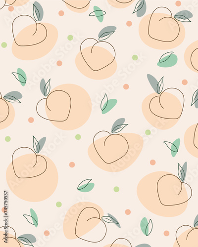 Vector seamless pattern with peaches. Trendy hand drawn textures.Peach Fruit watercolor element. Isolated peaches , fruits, leaves.Apricot vector drawing pattern.Hand drawn fruit.