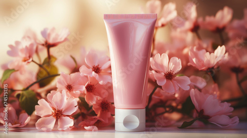 Close up of cream tube mock-up, pink colour palette, Sakura flowers. Layout for cosmetics. Copy space. Generative AI