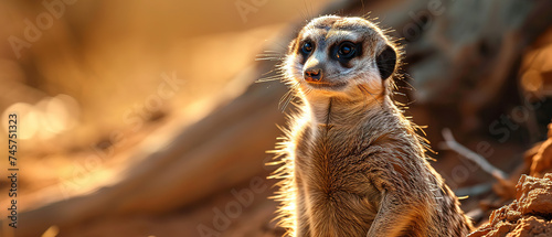 a image of a meerkat , blur nature background, with empty copy space 