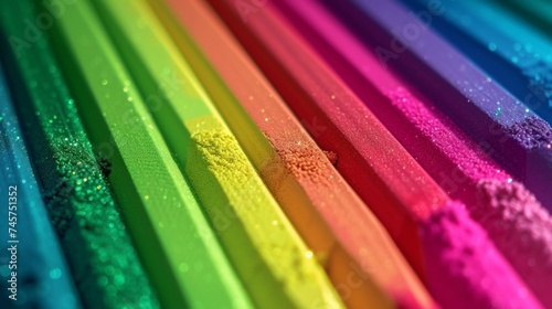 Colored pencils in a row, spectrum hues, vibrant, glistening particles, close-up, sharp tips, diagonal composition, textured surface, rainbow order, vivid saturation, soft shadows, left to right, dark photo