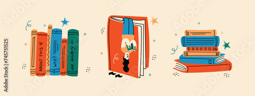 Book concepts set. Happy readers reading books and flying, laying , sitting everywhere. Flat trendy retro vector illustrations isolated on white background