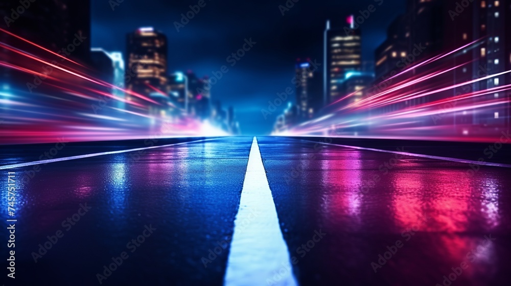 Fototapeta premium Dark street, reflection of neon light on wet asphalt. Rays of light and red laser light in the dark. Night view of the street, the city. Abstract dark blue background