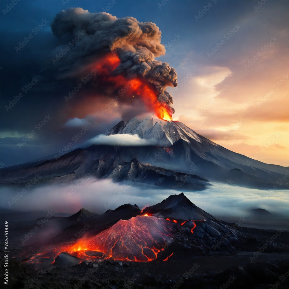 Erupting volcanoes emit lava and smoke. beautiful landscape view for poster, web, social media. generative AI