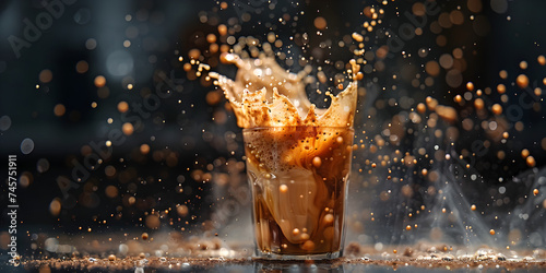 Coffee splash in a glass cup on a black background,Dynamic Coffee Splash in Glass Cup on Black Background